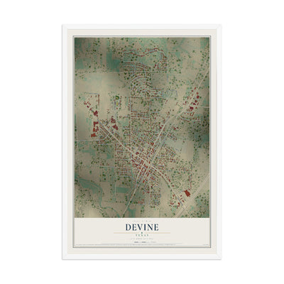 Map of Devine, Texas, 12 x 18 inch print in a white wood frame