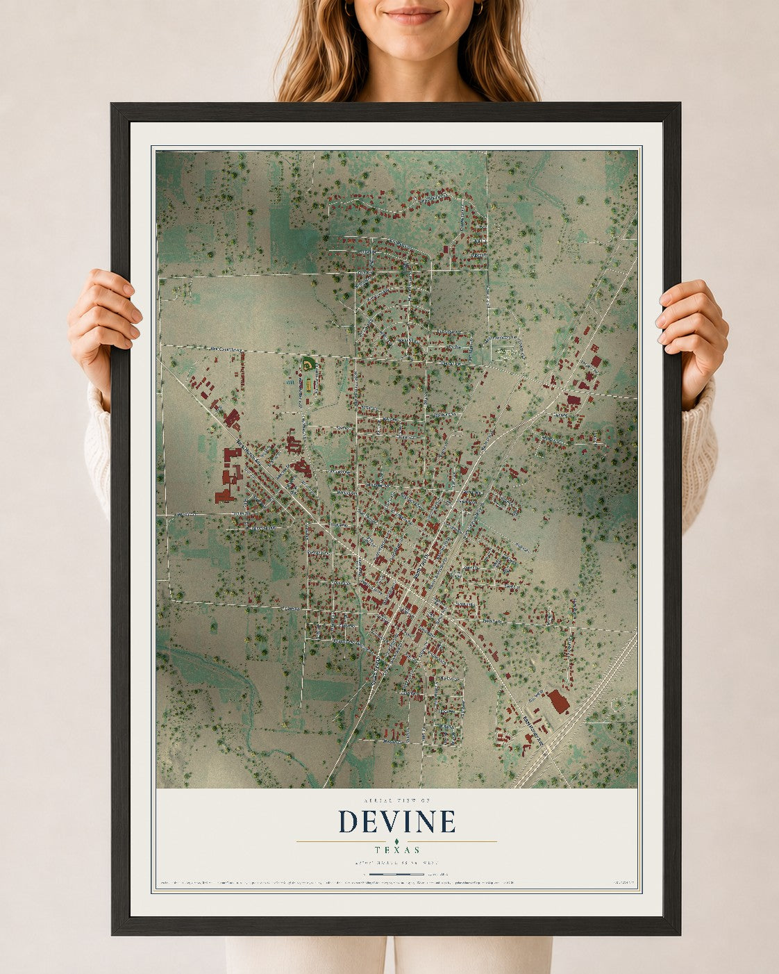 Map of Devine, Texas, 24 x 36 inch print in a black wood frame