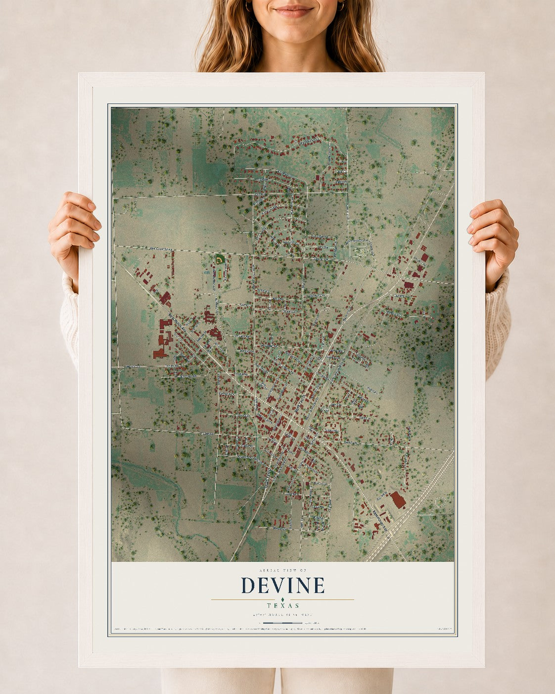 Map of Devine, Texas, 24 x 36 inch print in a white wood frame