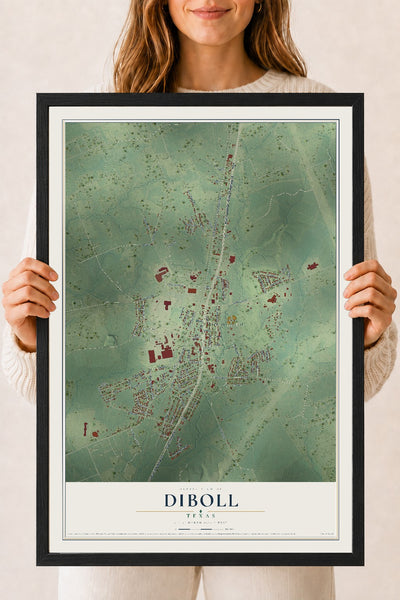 Map of Diboll, Texas, 18 x 24 inch print in a black wood frame