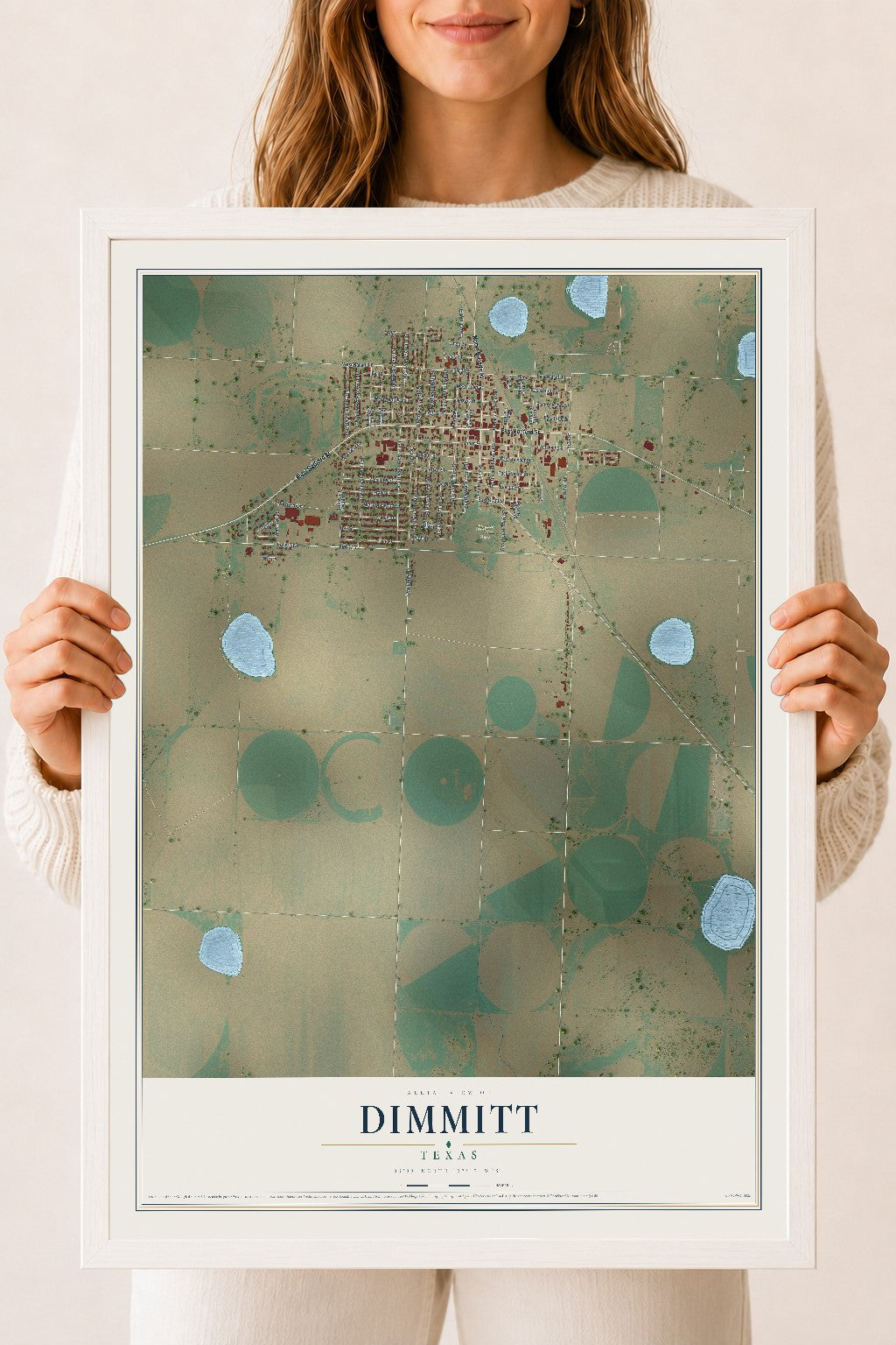 Map of Dimmitt, Texas, 18 x 24 inch print in a white wood frame