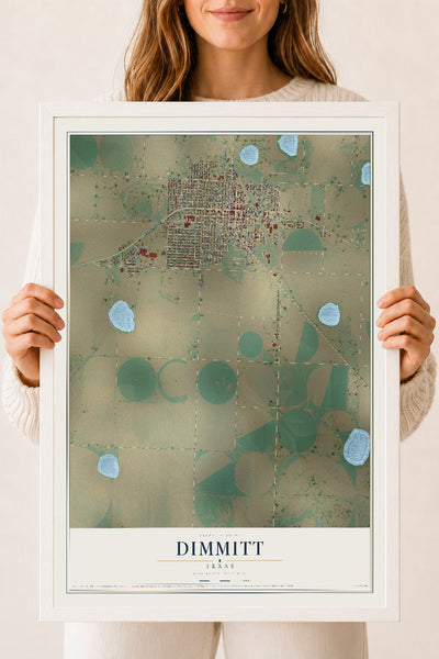 Map of Dimmitt, Texas, 18 x 24 inch print in a white wood frame