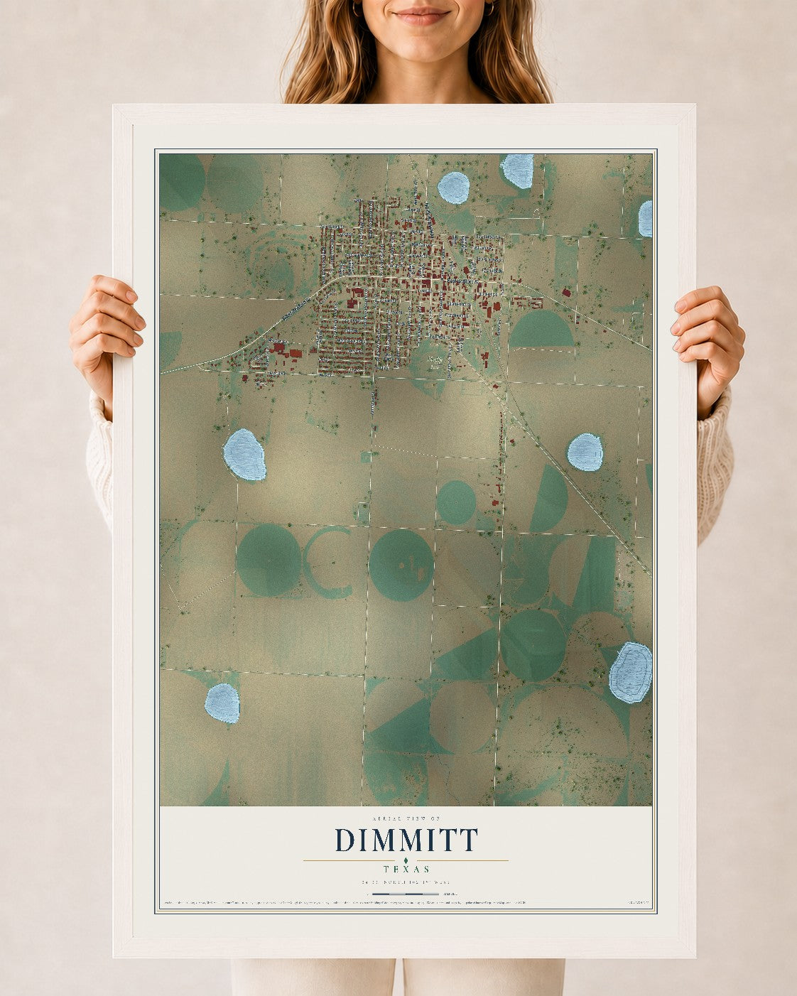 Map of Dimmitt, Texas, 24 x 36 inch print in a white wood frame