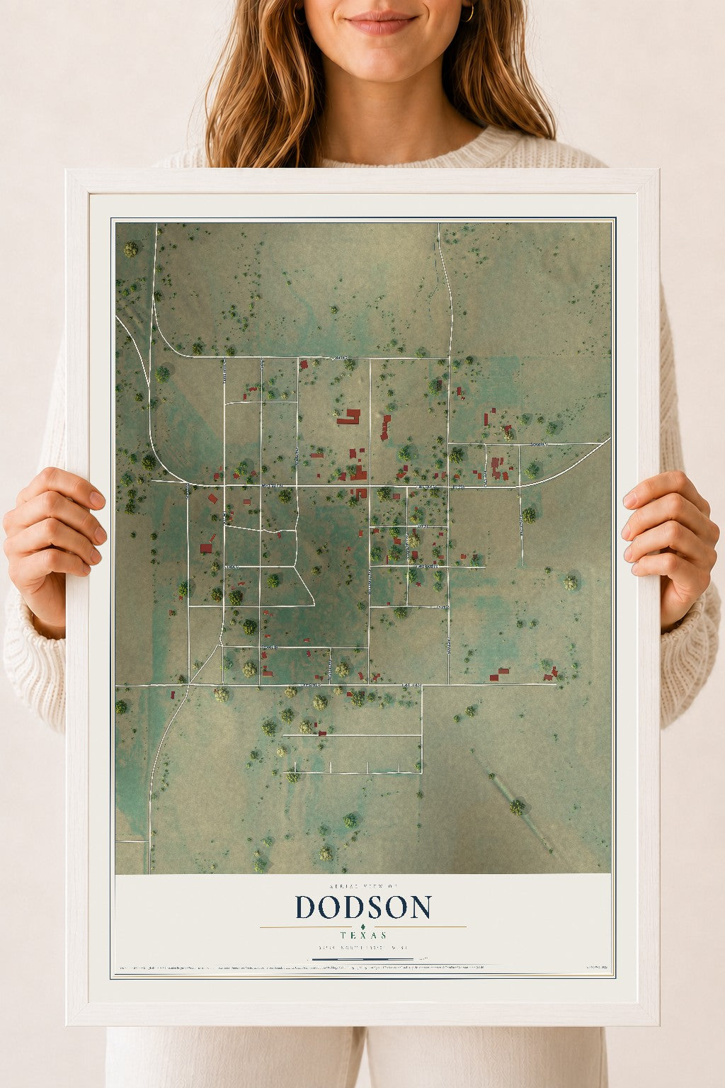 Map of Dodson, Texas, 18 x 24 inch print in a white wood frame