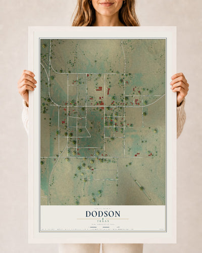 Map of Dodson, Texas, 24 x 36 inch print in a white wood frame