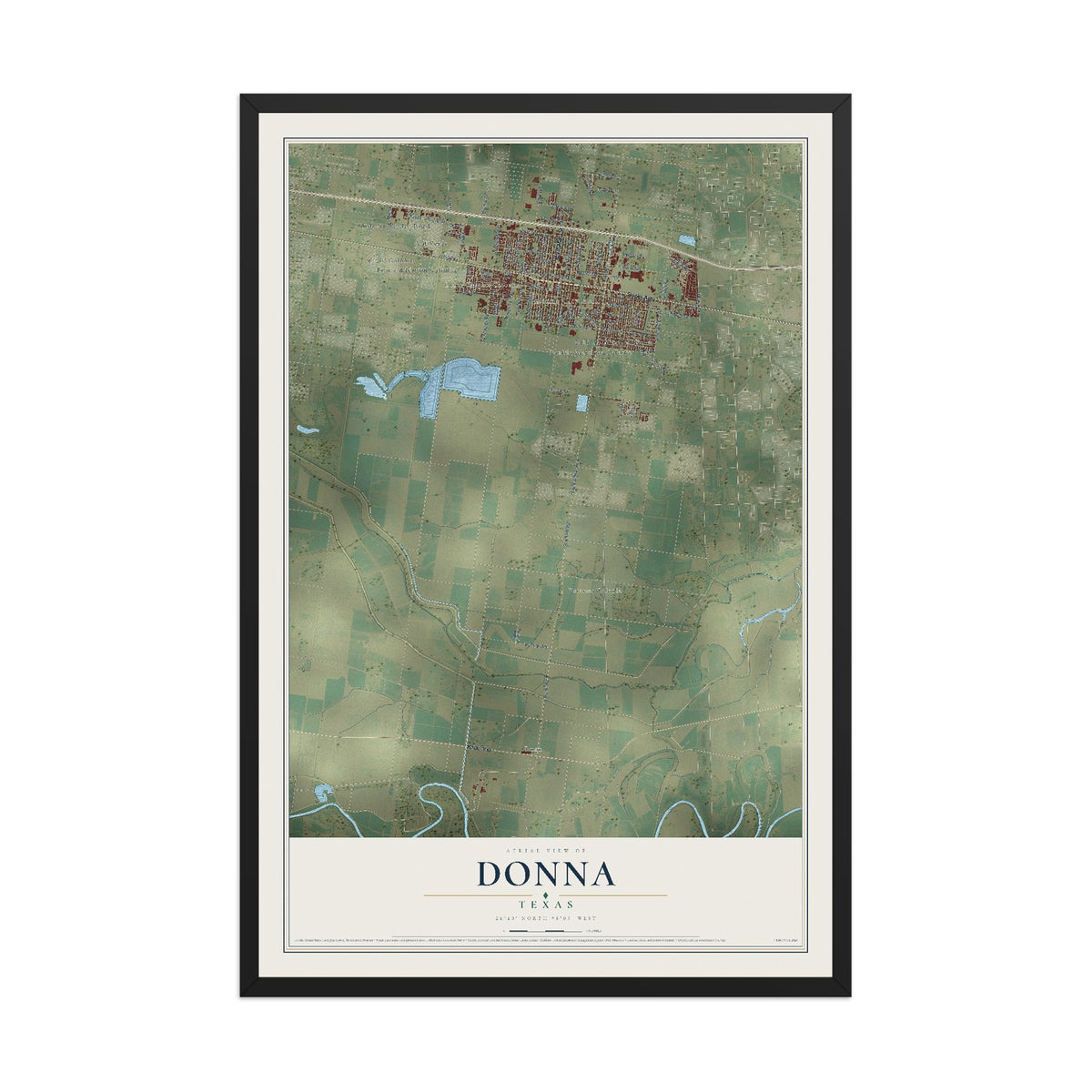 Map of Donna, Texas, 12 x 18 inch print in a black wood frame