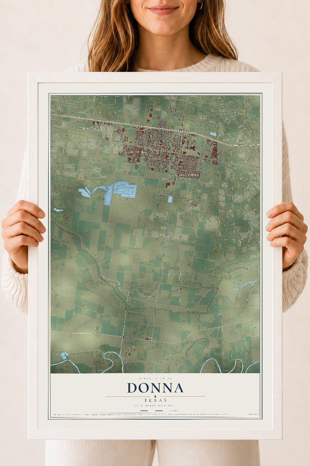 Map of Donna, Texas, 18 x 24 inch print in a white wood frame