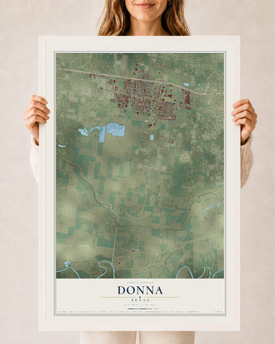 Map of Donna, Texas, 24 x 36 inch print in a white wood frame