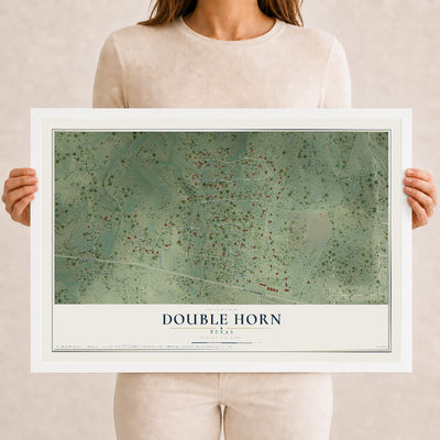 Map of Double Horn, Texas, 12 x 18 inch print in a white wood frame