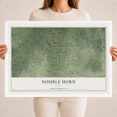 Map of Double Horn, Texas, 18 x 24 inch print in a white wood frame