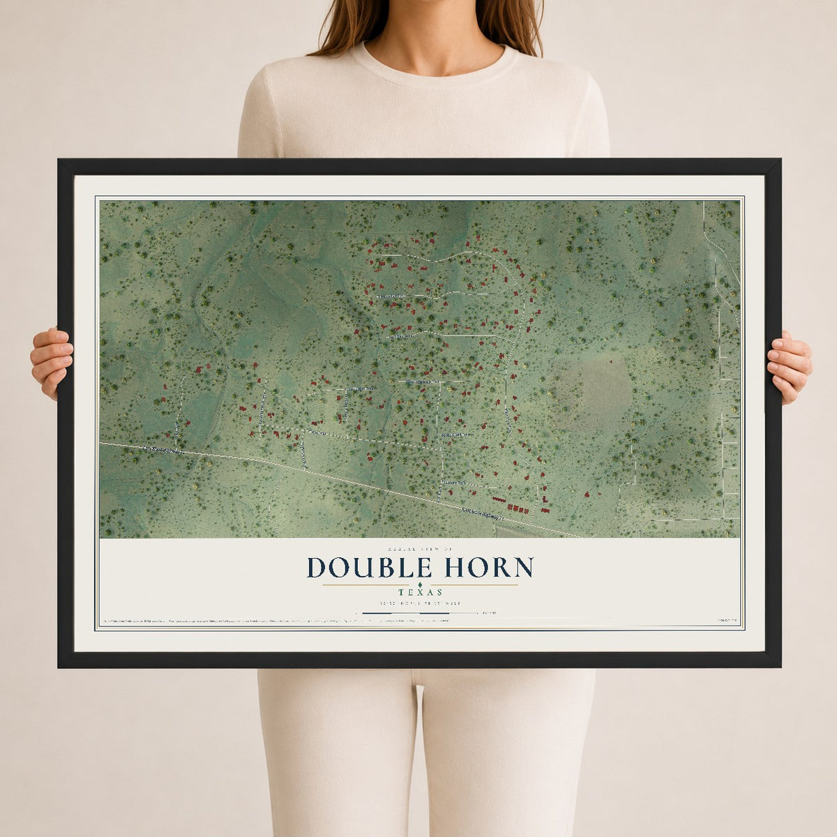 Map of Double Horn, Texas, 24 x 36 inch print in a black wood frame