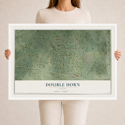 Map of Double Horn, Texas, 24 x 36 inch print in a white wood frame