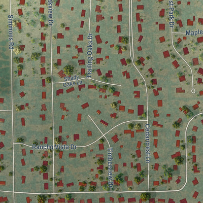 Close-up of the map of Double Oak, Texas print showing street and building detail