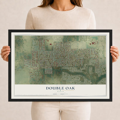 Map of Double Oak, Texas, 12 x 18 inch print in a black wood frame
