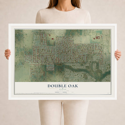 Map of Double Oak, Texas, 24 x 36 inch print in a white wood frame
