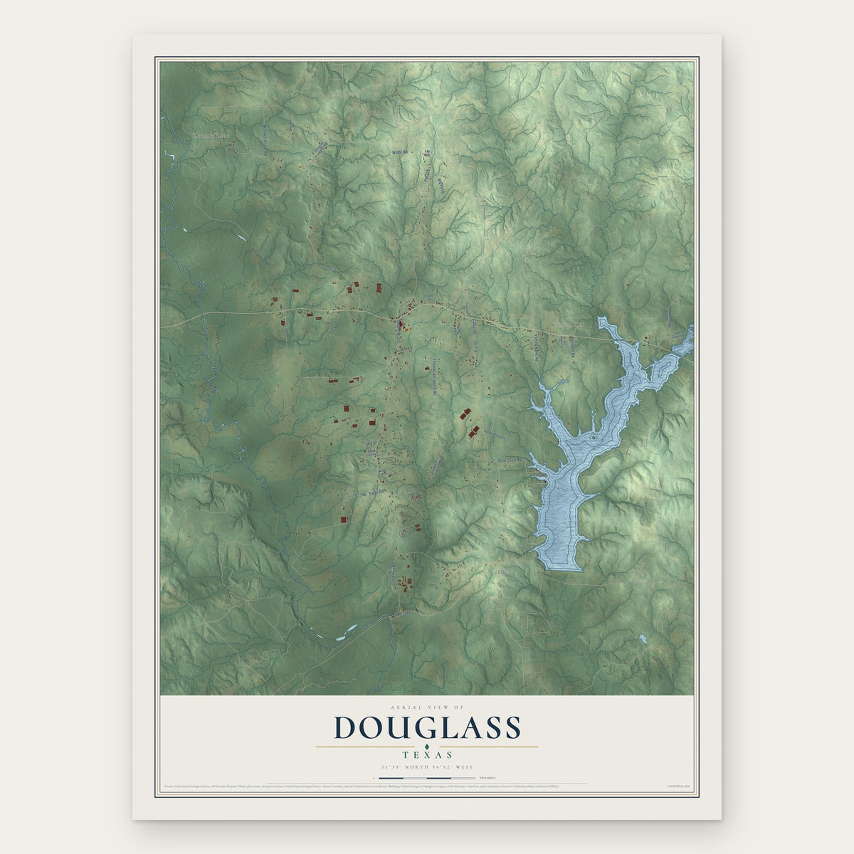 Douglass, Texas map print, the full design