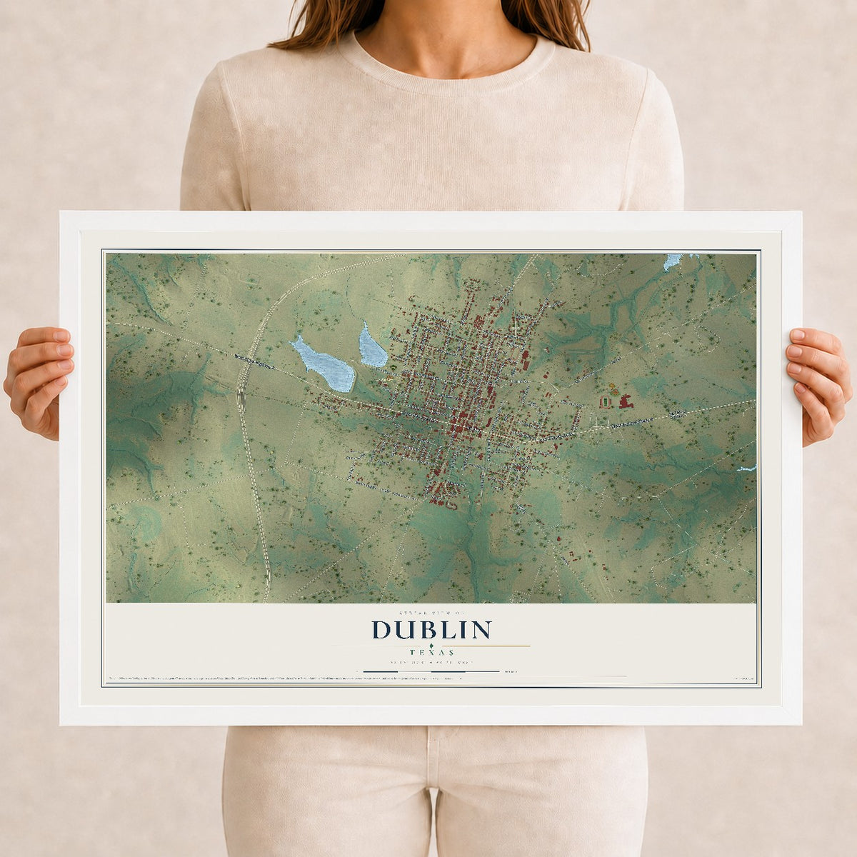 Map of Dublin, Texas, 12 x 18 inch print in a white wood frame