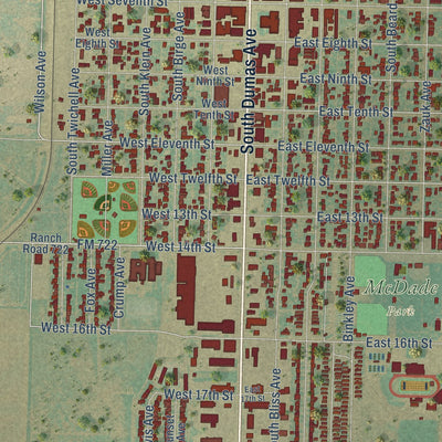 Second close-up of the map of Dumas, Texas print showing more streets and buildings