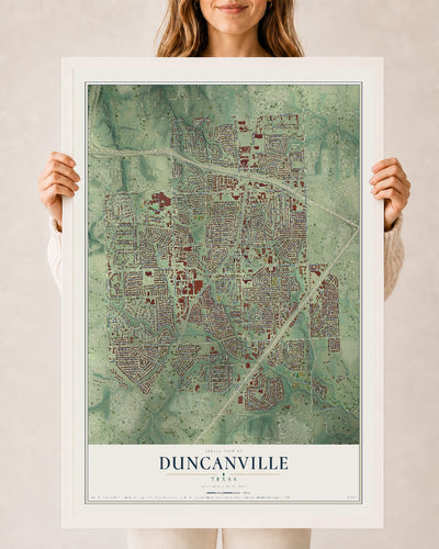 Map of Duncanville, Texas, 24 x 36 inch print in a white wood frame