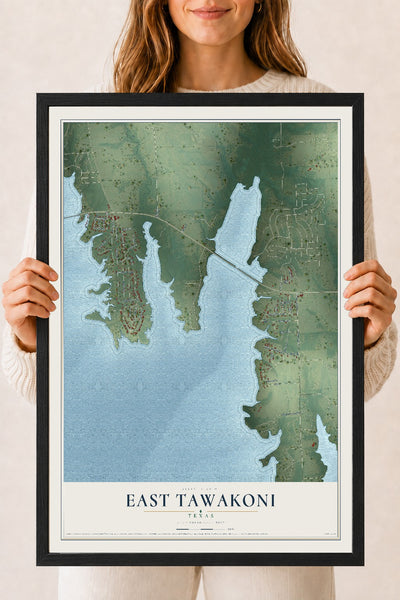 Map of East Tawakoni, Texas, 18 x 24 inch print in a black wood frame