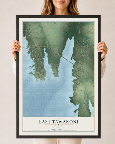Map of East Tawakoni, Texas, 24 x 36 inch print in a black wood frame