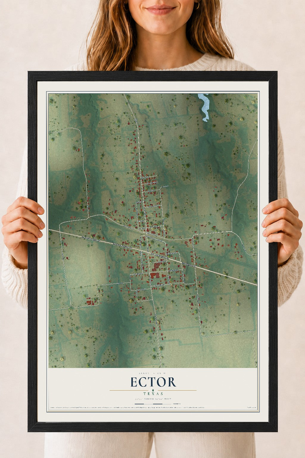 Map of Ector, Texas, 18 x 24 inch print in a black wood frame