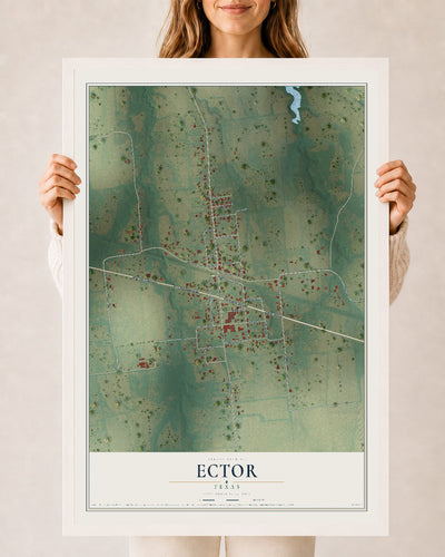 Map of Ector, Texas, 24 x 36 inch print in a white wood frame