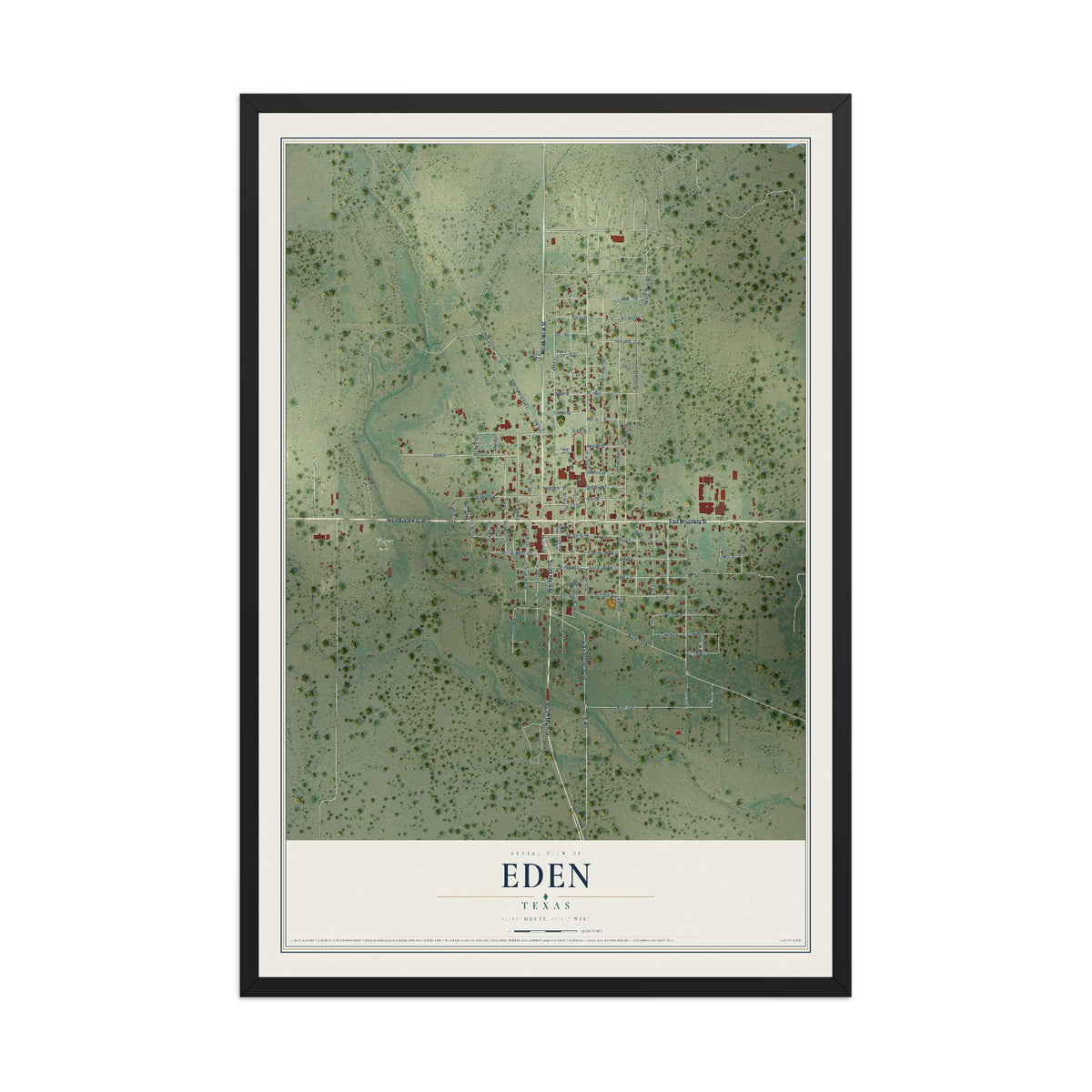 Map of Eden, Texas, 12 x 18 inch print in a black wood frame