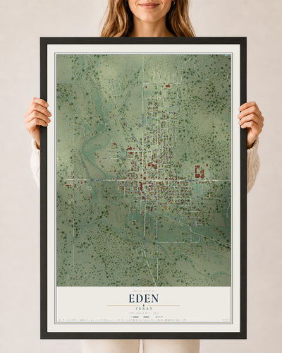 Map of Eden, Texas, 24 x 36 inch print in a black wood frame