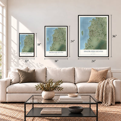 Edgewater Estates, Texas map in 12 x 18, 18 x 24 and 24 x 36 inch sizes above a sofa