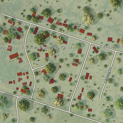 Close-up of the map of Edgewater Estates, Texas print showing street and building detail