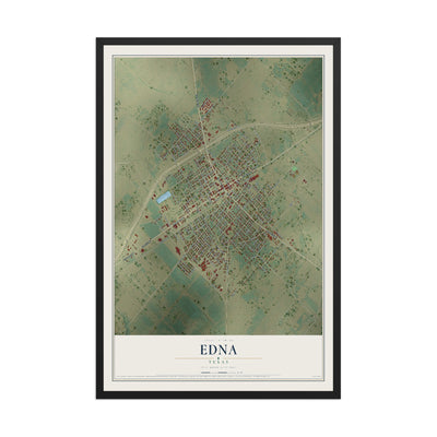 Map of Edna, Texas, 12 x 18 inch print in a black wood frame