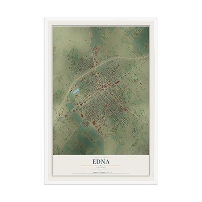 Map of Edna, Texas, 12 x 18 inch print in a white wood frame