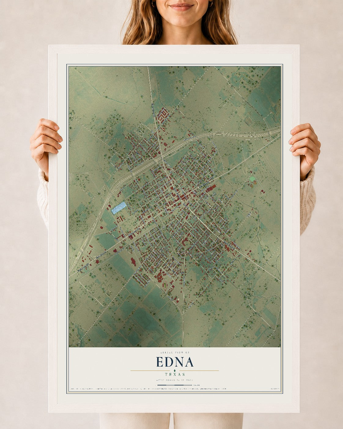 Map of Edna, Texas, 24 x 36 inch print in a white wood frame