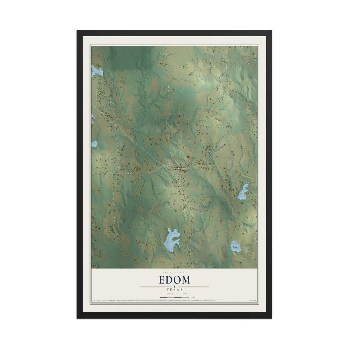 Map of Edom, Texas, 12 x 18 inch print in a black wood frame