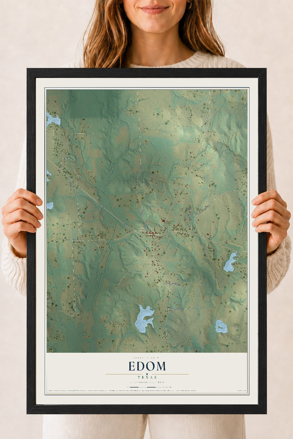 Map of Edom, Texas, 18 x 24 inch print in a black wood frame
