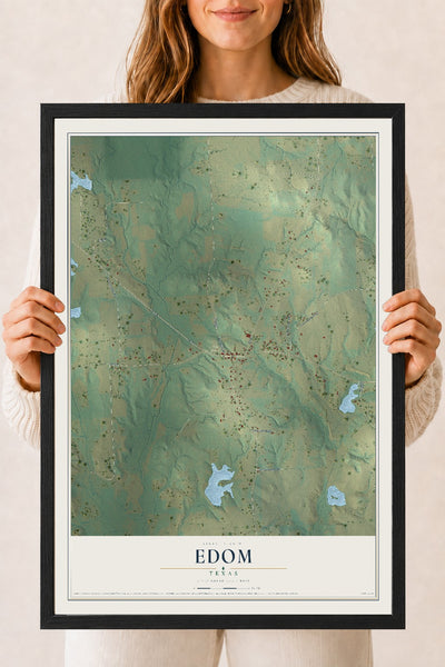 Map of Edom, Texas, 18 x 24 inch print in a black wood frame