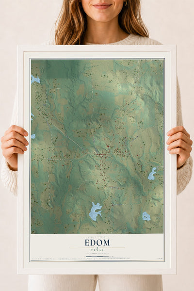 Map of Edom, Texas, 18 x 24 inch print in a white wood frame