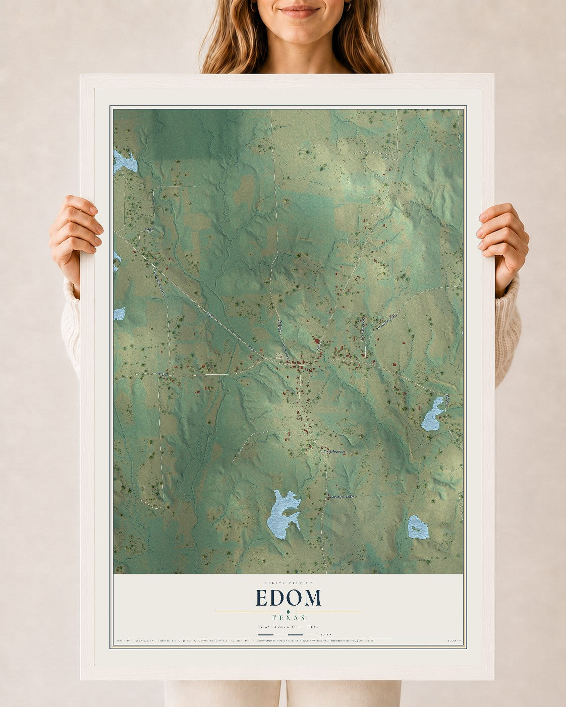 Map of Edom, Texas, 24 x 36 inch print in a white wood frame