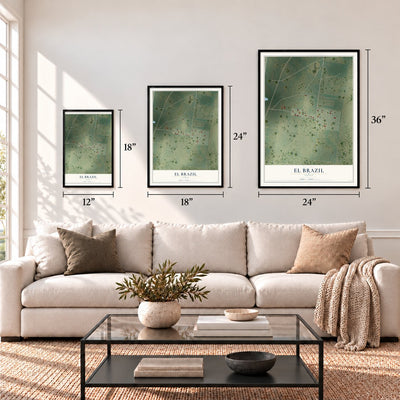El Brazil, Texas map in 12 x 18, 18 x 24 and 24 x 36 inch sizes above a sofa