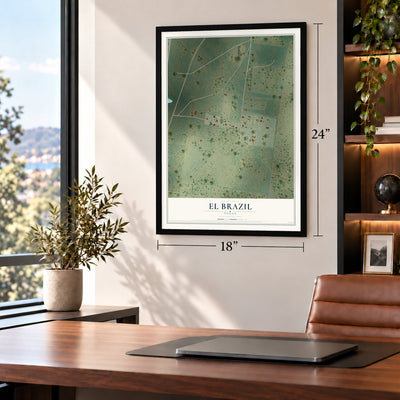 El Brazil, Texas map, 18 x 24 inch print in a black frame in a home office