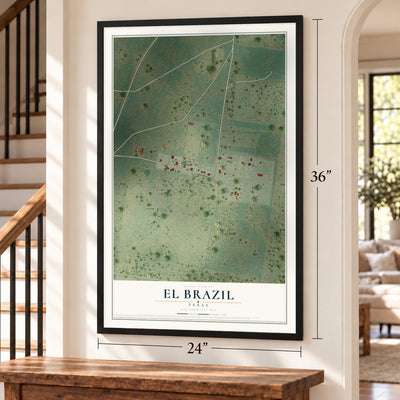 El Brazil, Texas map, 24 x 36 inch print in a black frame by a staircase