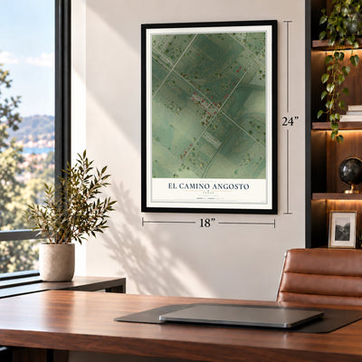 El Camino Angosto, Texas map, 18 x 24 inch print in a black frame in a home office