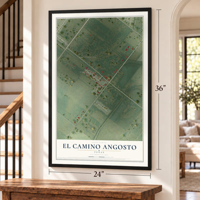 El Camino Angosto, Texas map, 24 x 36 inch print in a black frame by a staircase
