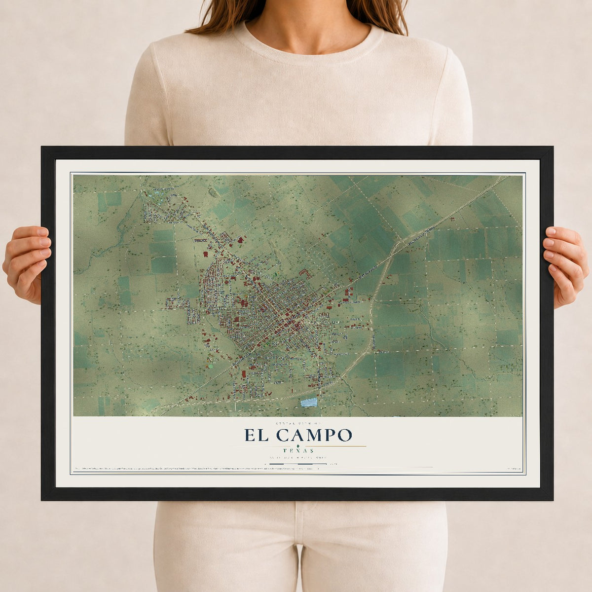 Map of El Campo, Texas, 12 x 18 inch print in a black wood frame