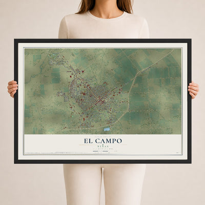 Map of El Campo, Texas, 24 x 36 inch print in a black wood frame