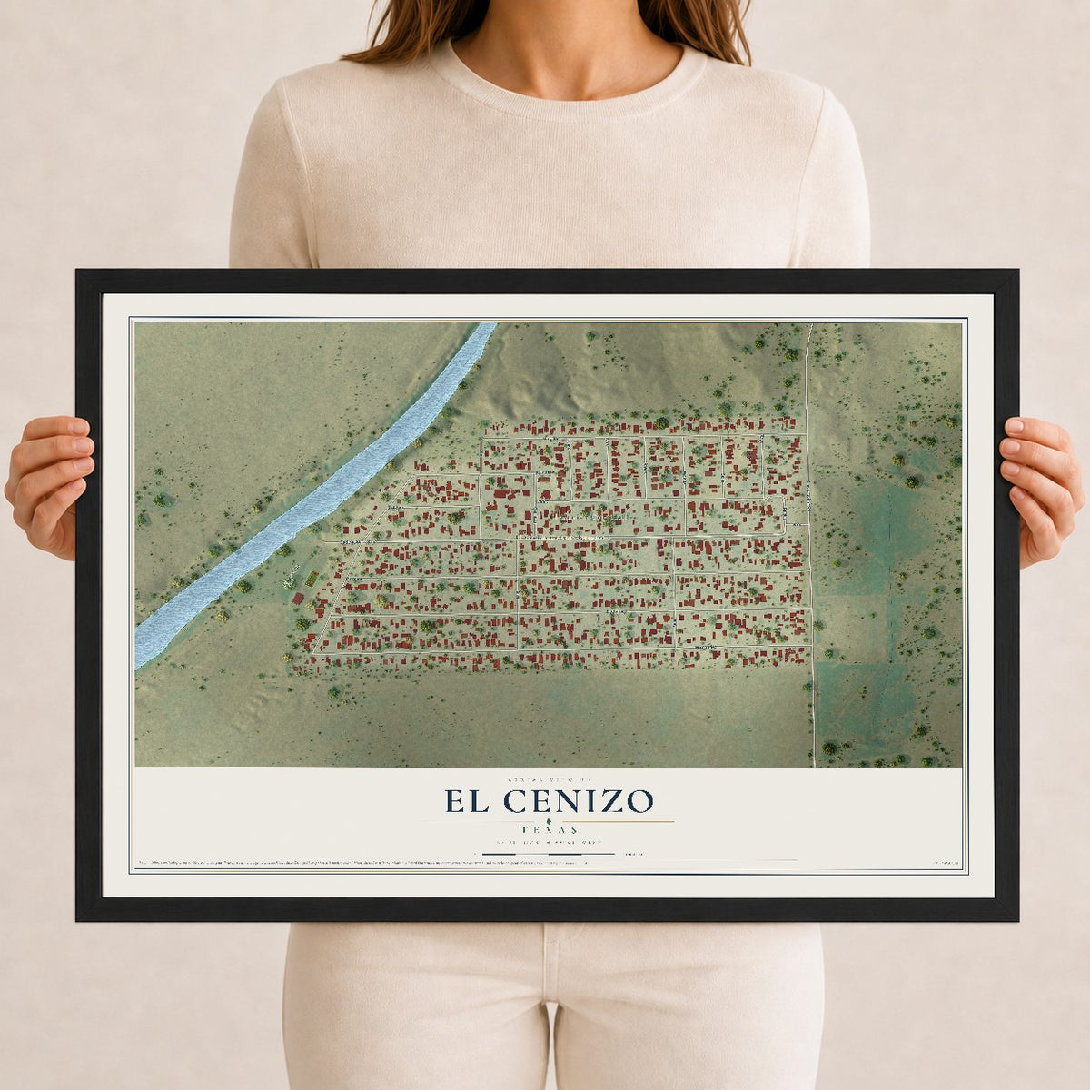 Map of El Cenizo, Texas, 12 x 18 inch print in a black wood frame