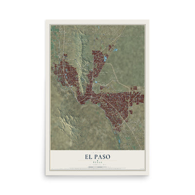 Map of El Paso, Texas, 12 x 18 inch unframed archival matte print