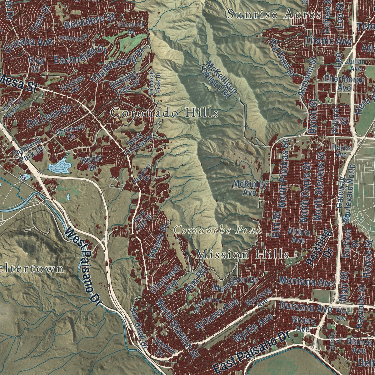 Close-up of the map of El Paso, Texas print showing street and building detail