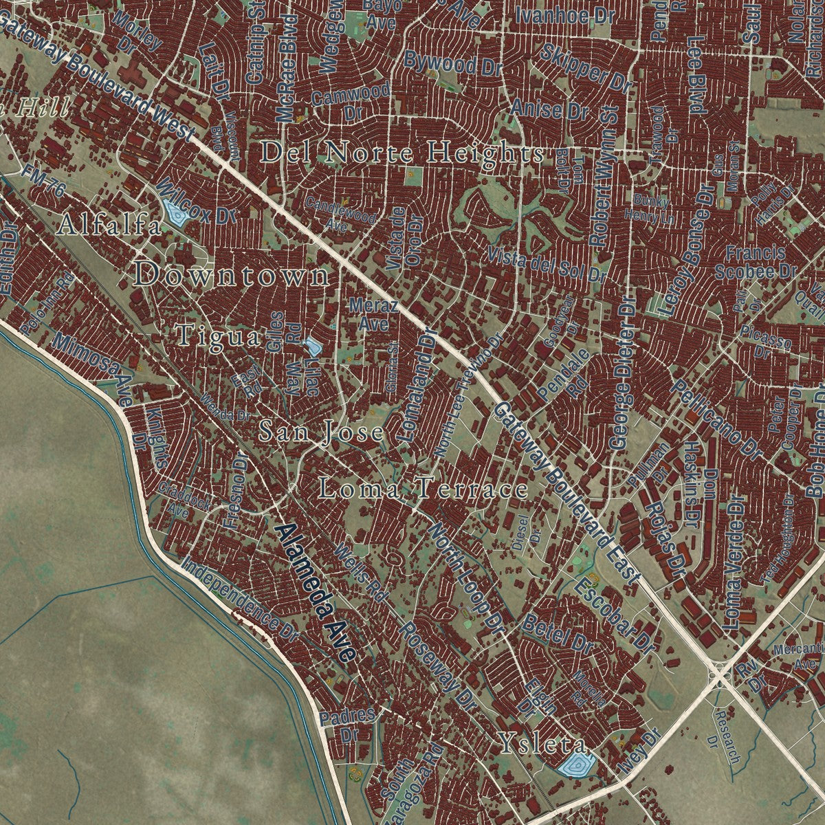 Second close-up of the map of El Paso, Texas print showing more streets and buildings